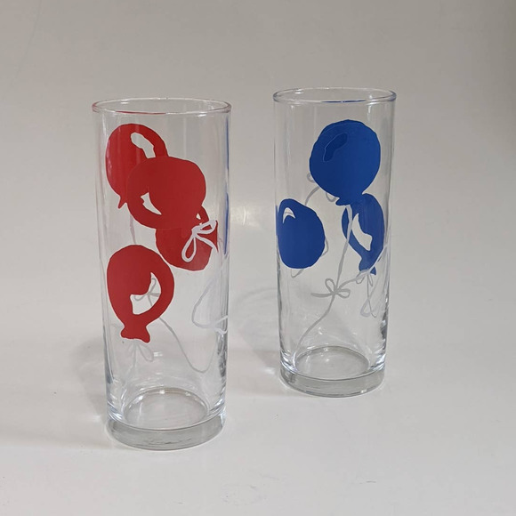 Vintage Libbey Red & Blue Balloon Glasses, Set of 2 Whimsical Barware Highball - Picture 2 of 10